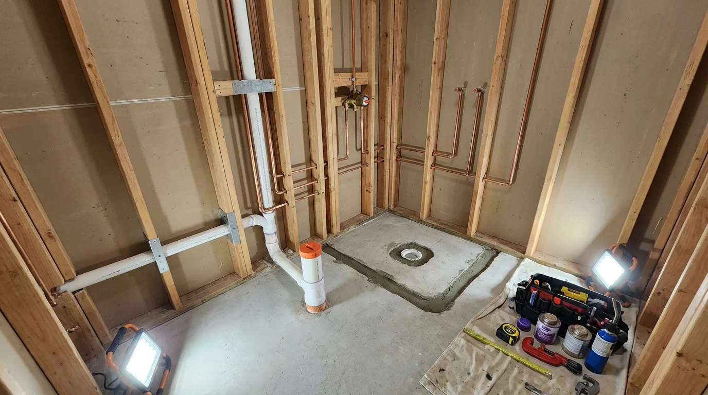 Bathroom rough-in plumbing during remodel by Johns Plumbing LLC in Reinholds