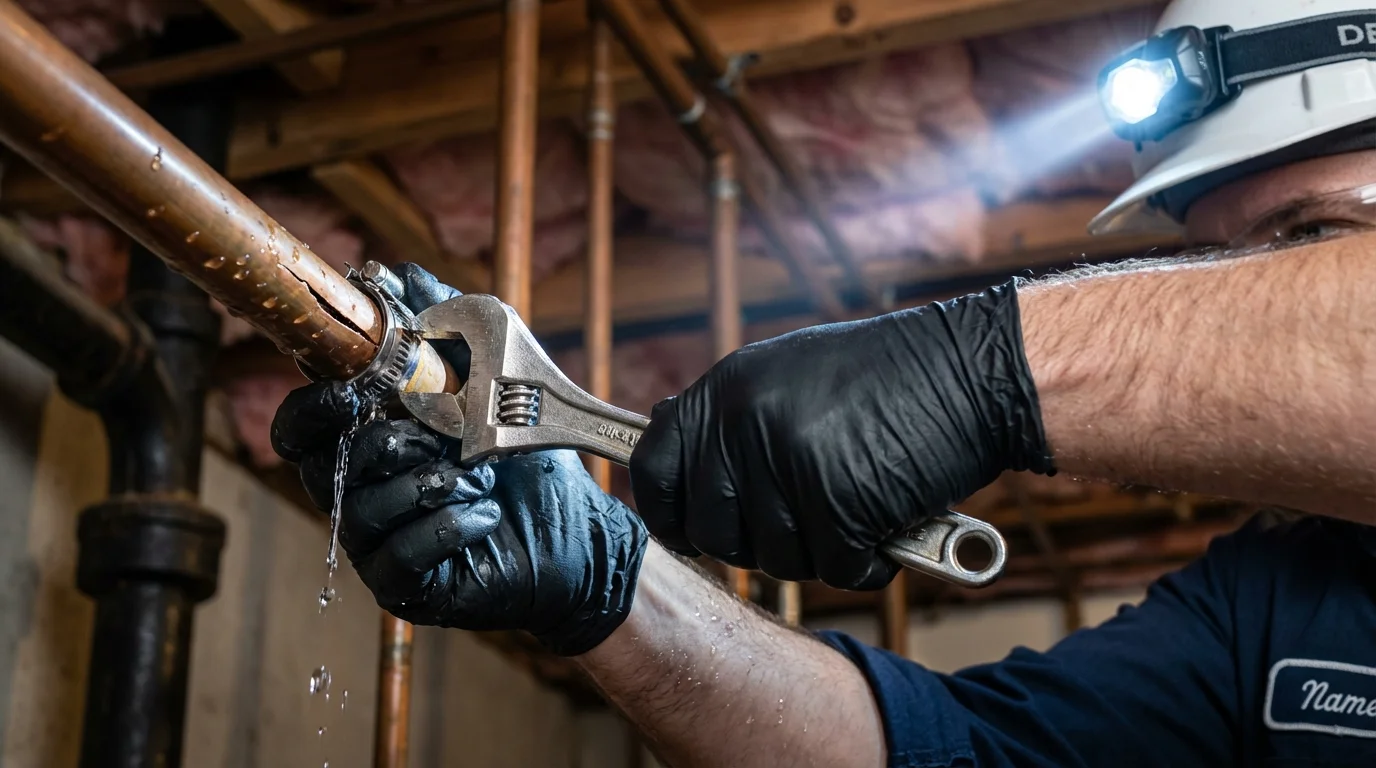 Emergency pipe clamp repair being performed by a Johns Plumbing LLC plumber in Reinholds
