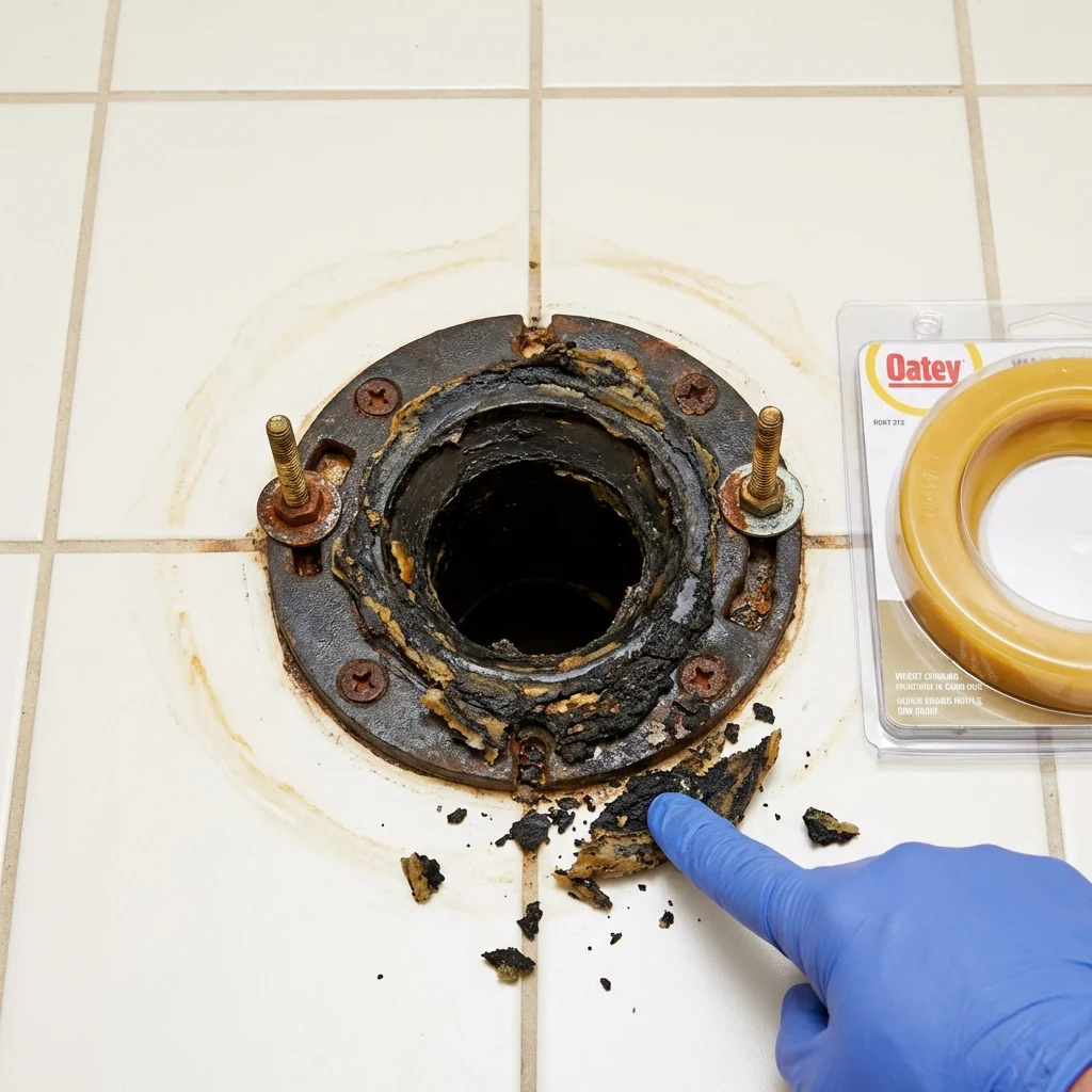 Failed wax ring showing water seepage at the base of a toilet in a Reinholds, PA home