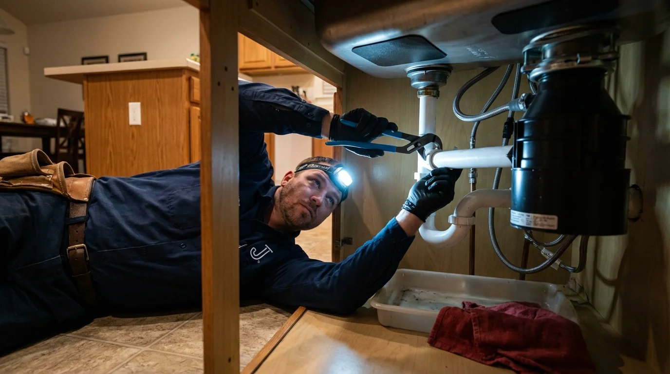 P-trap and supply line connections under a kitchen sink showing a common leak point in Reinholds, PA